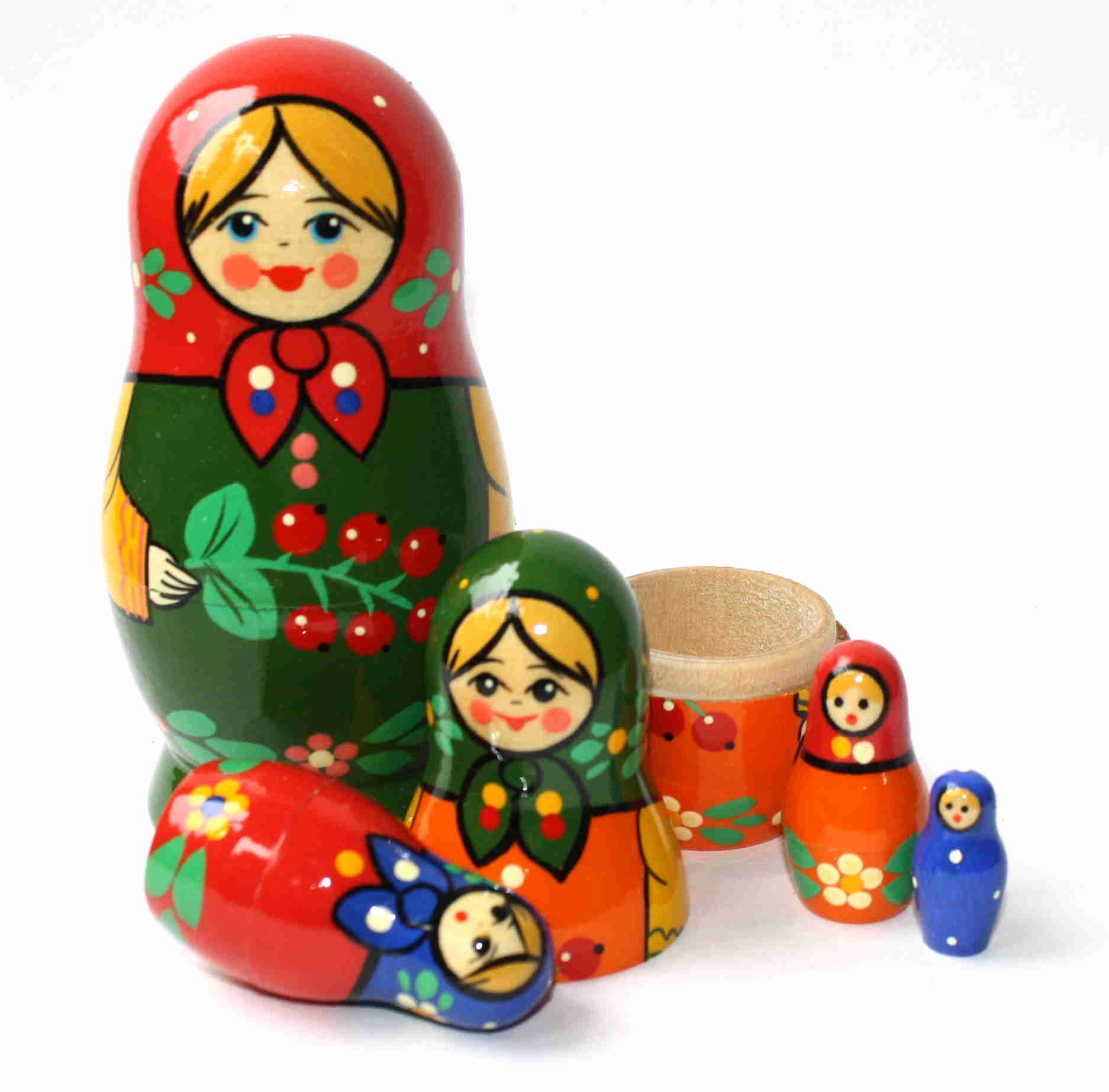 Artists Matryoshka green woman with red shawl (5 nested set)