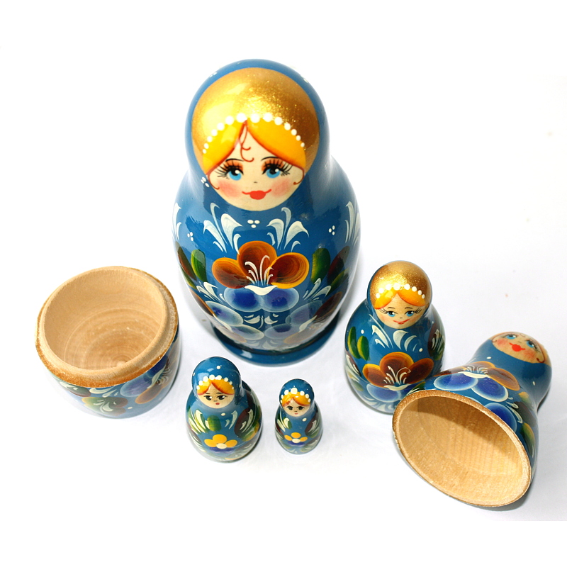 Artists Matryoshka blue Girl with flowers (5 nested set)