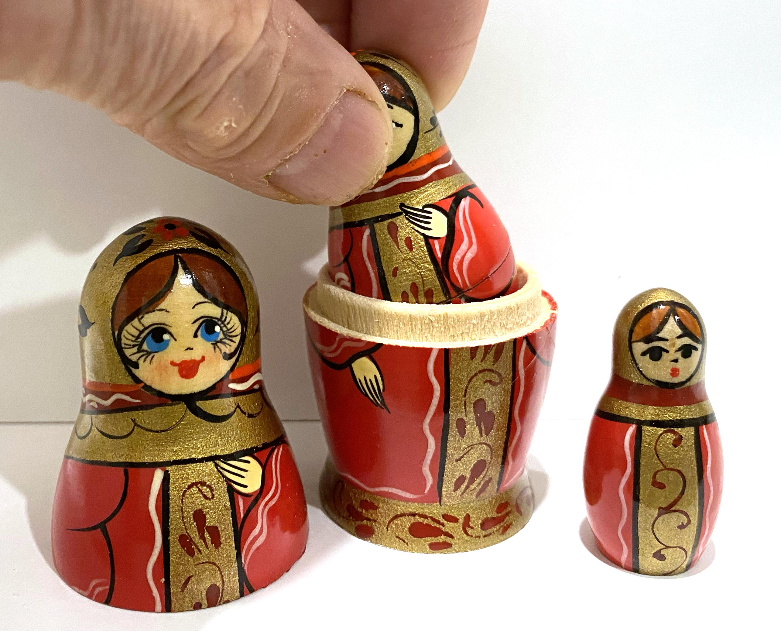 Artists Matryoshka Red girl with gold scarf & gold panel (3 nested set)
