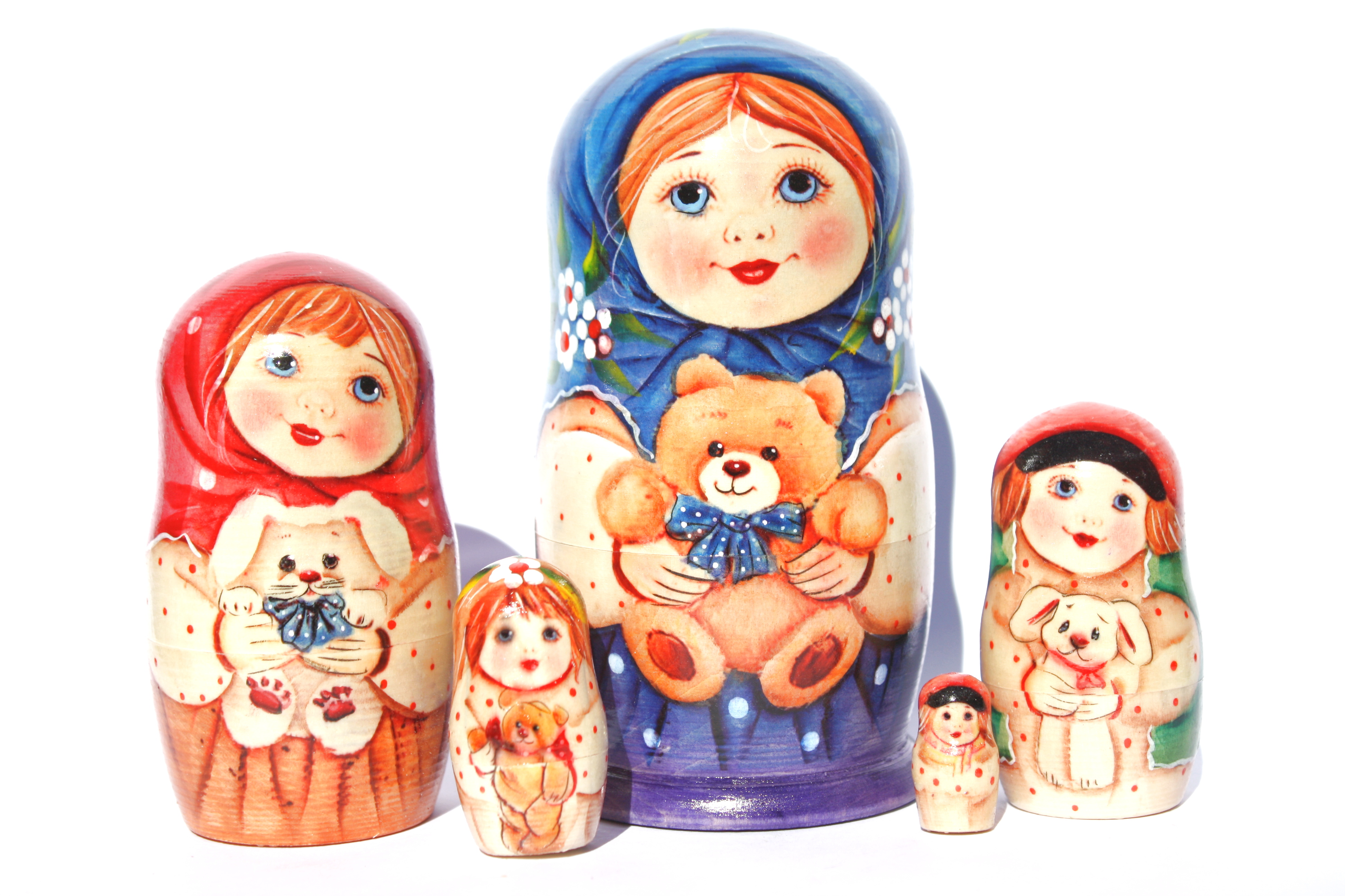 A 5 Nested Set of  Matryoshka - Girl with Teddy