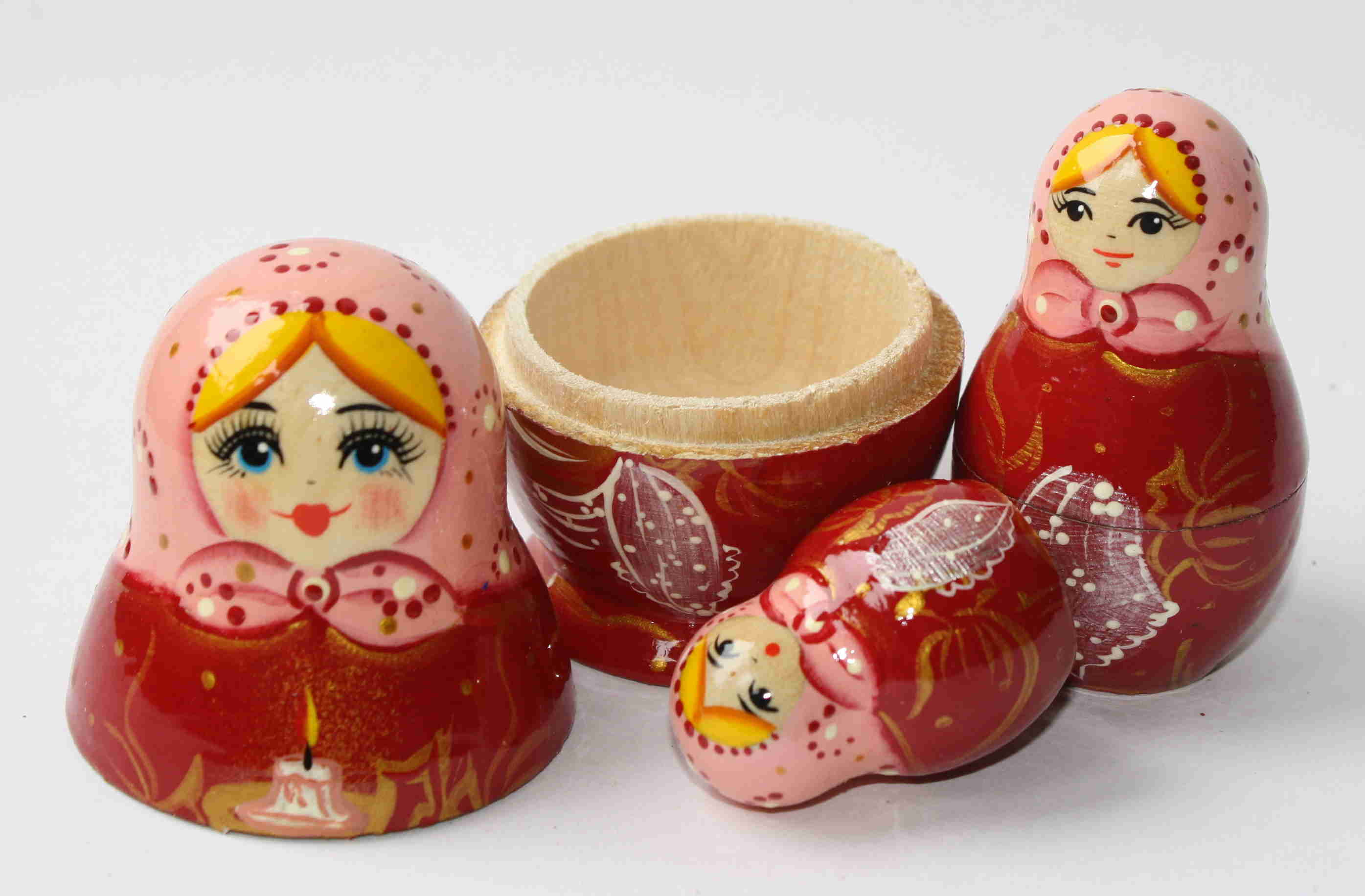 Artists Matryoshka Crimson woman with pink shawl & candle (3 nested set)
