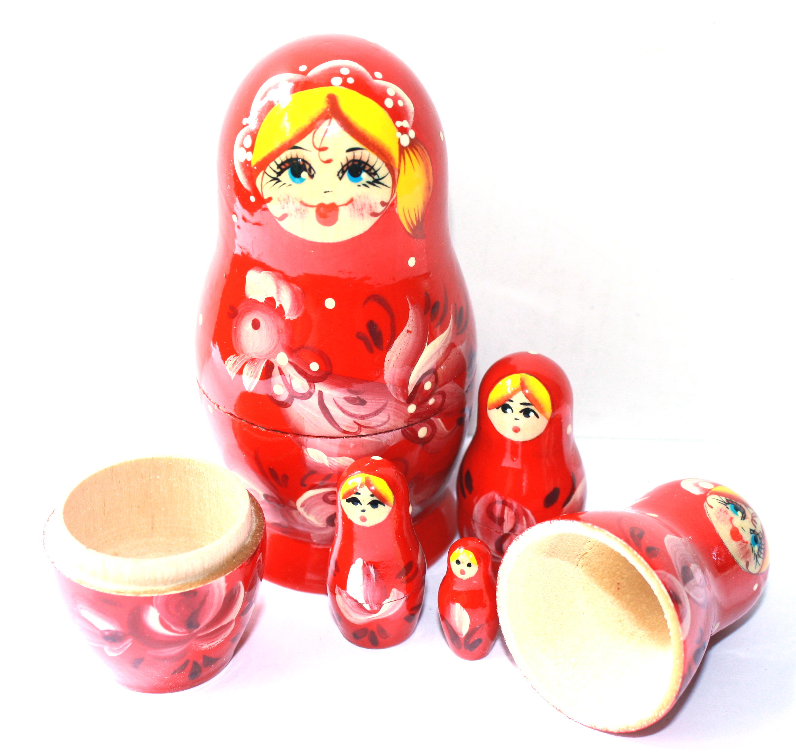 Artists Matryoshka Red girl with Pink rooster (5 nested set)