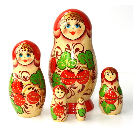A 5 Nested set of Artists Matryoshka, Tan red girl with strawberries