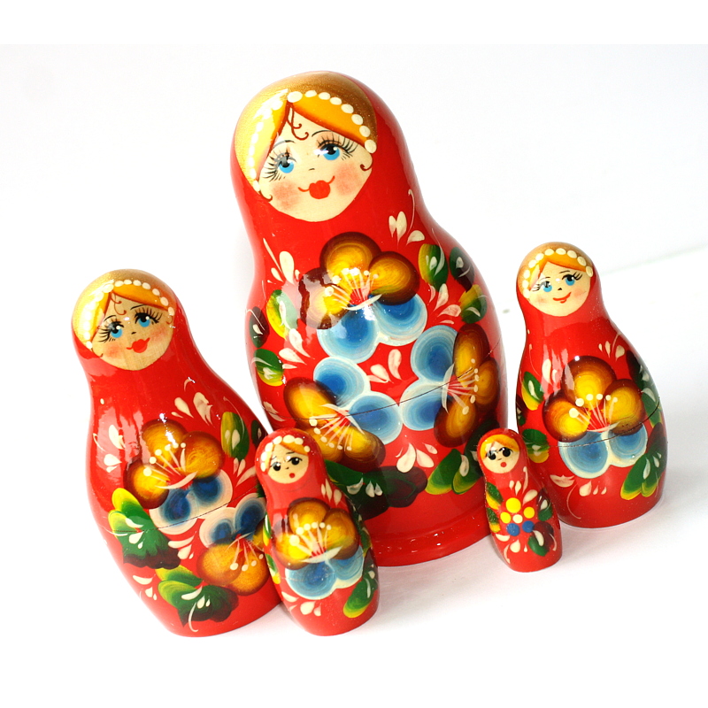 Artists Matryoshka girl with blue & red flowers (5 nested set)