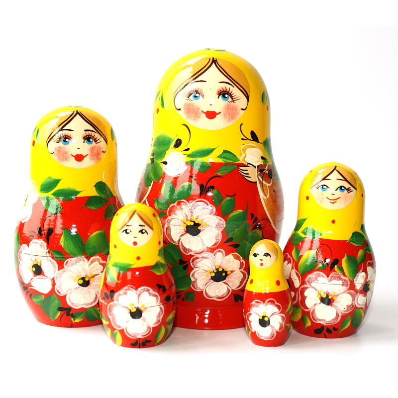 A 5 Nested set of Artists Matryoshka, Red/yellow/white