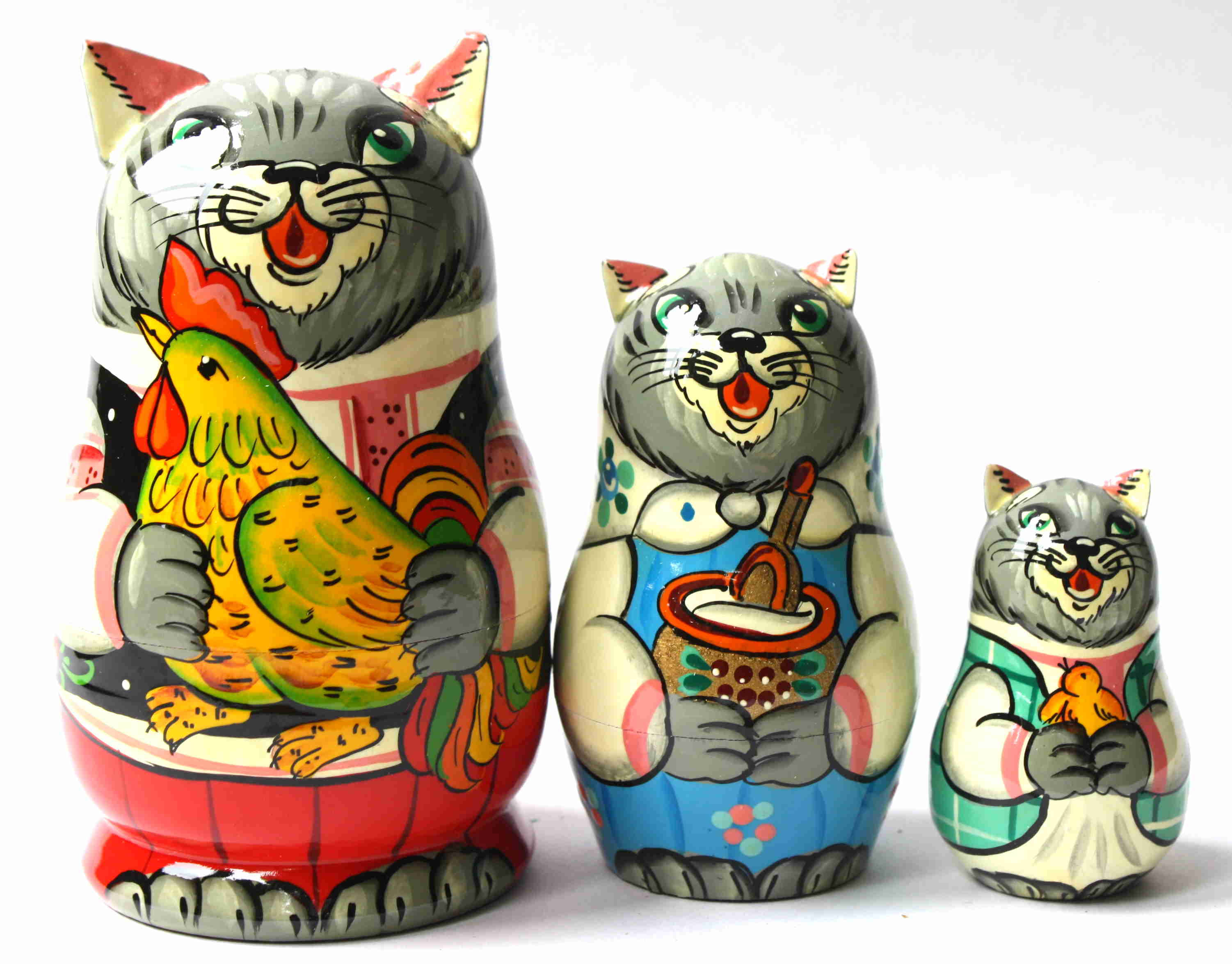 Artists Matryoshka Cat Rooster in red and pink waist coat (3 nested set) 