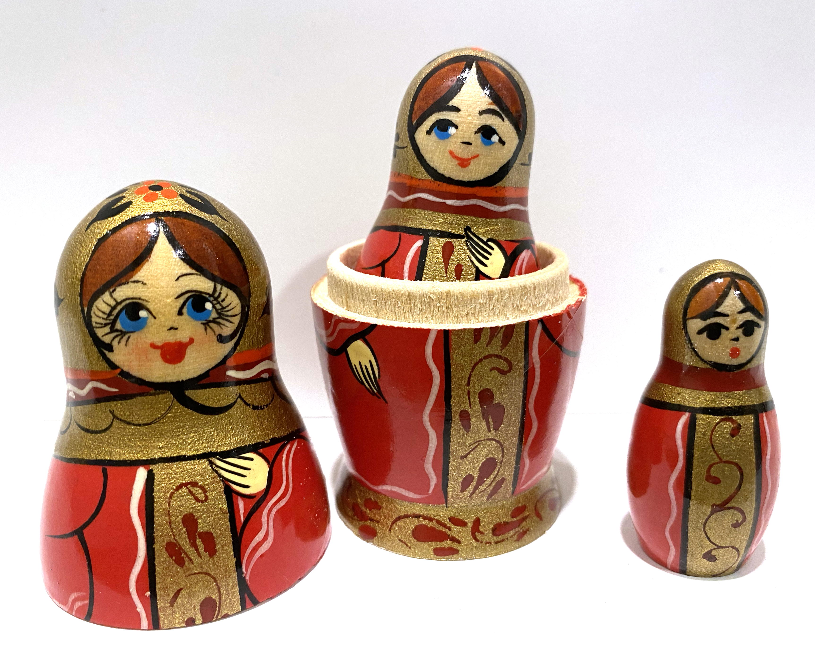Artists Matryoshka Red girl with gold scarf & gold panel (3 nested set)