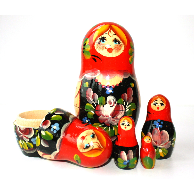 Artists Matryoshka black with zhostova flowers & red scarf (5 nested set)