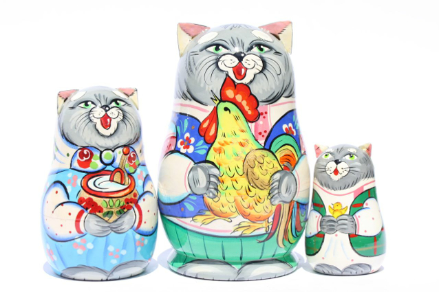 Artists Matryoshka Cat Rooster in blue and orange waist coat (3 nested set)