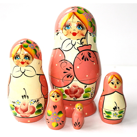Artists matryoshka pink girl with pink flower on apron (5 nested set)