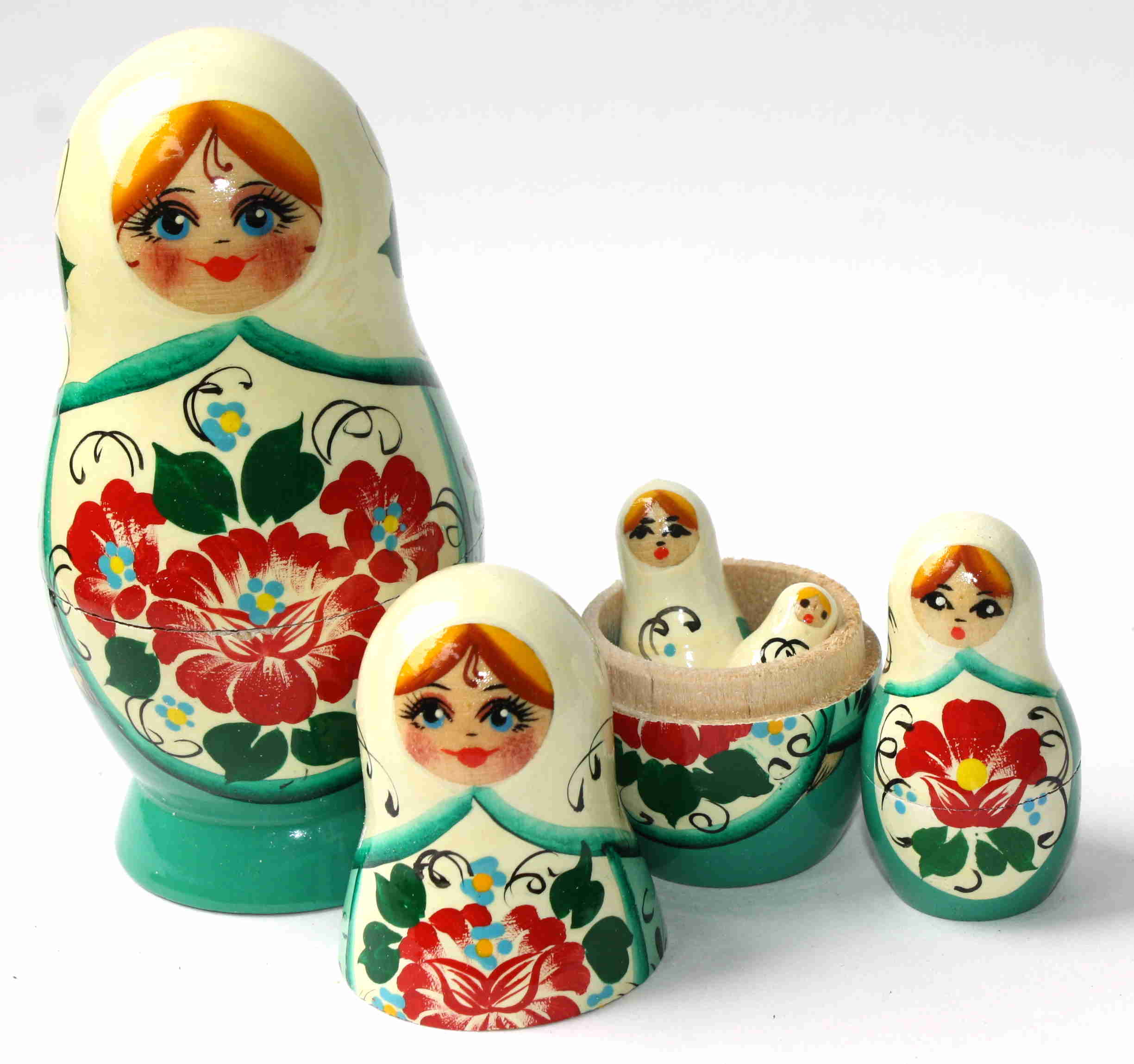 Artists Matryoshka green with White Scarf and red flowers (5 nested set)