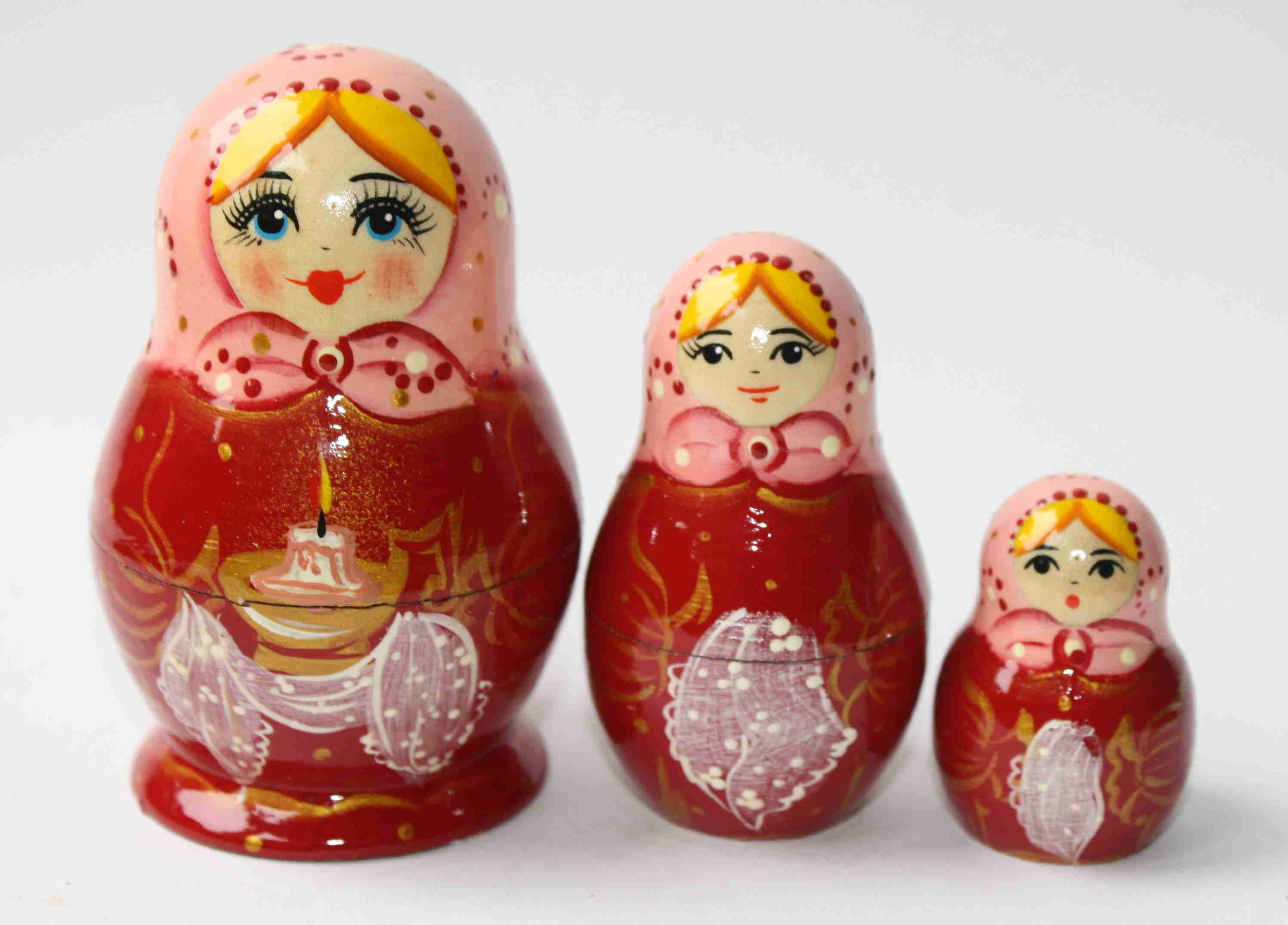 Artists Matryoshka Crimson woman with pink shawl & candle (3 nested set)