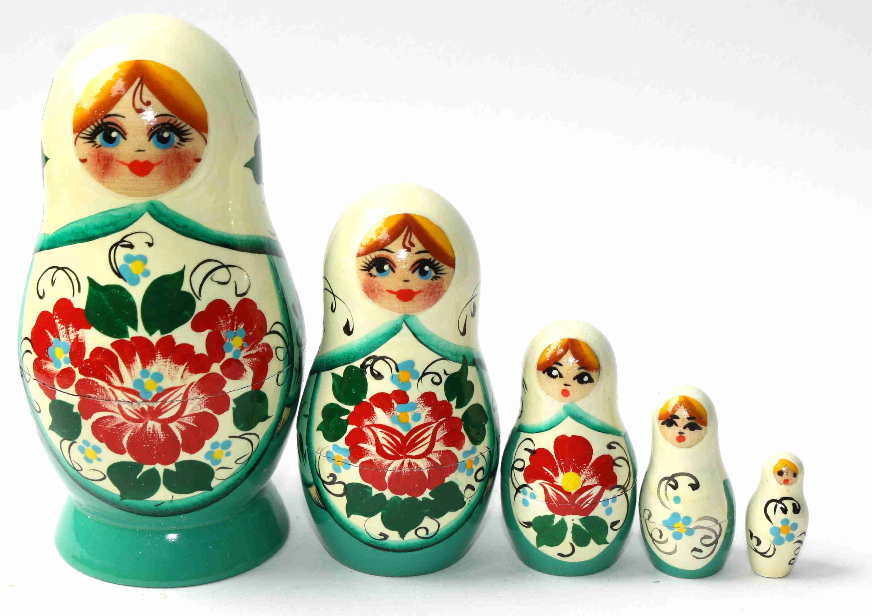 Artists Matryoshka green with White Scarf and red flowers (5 nested set)