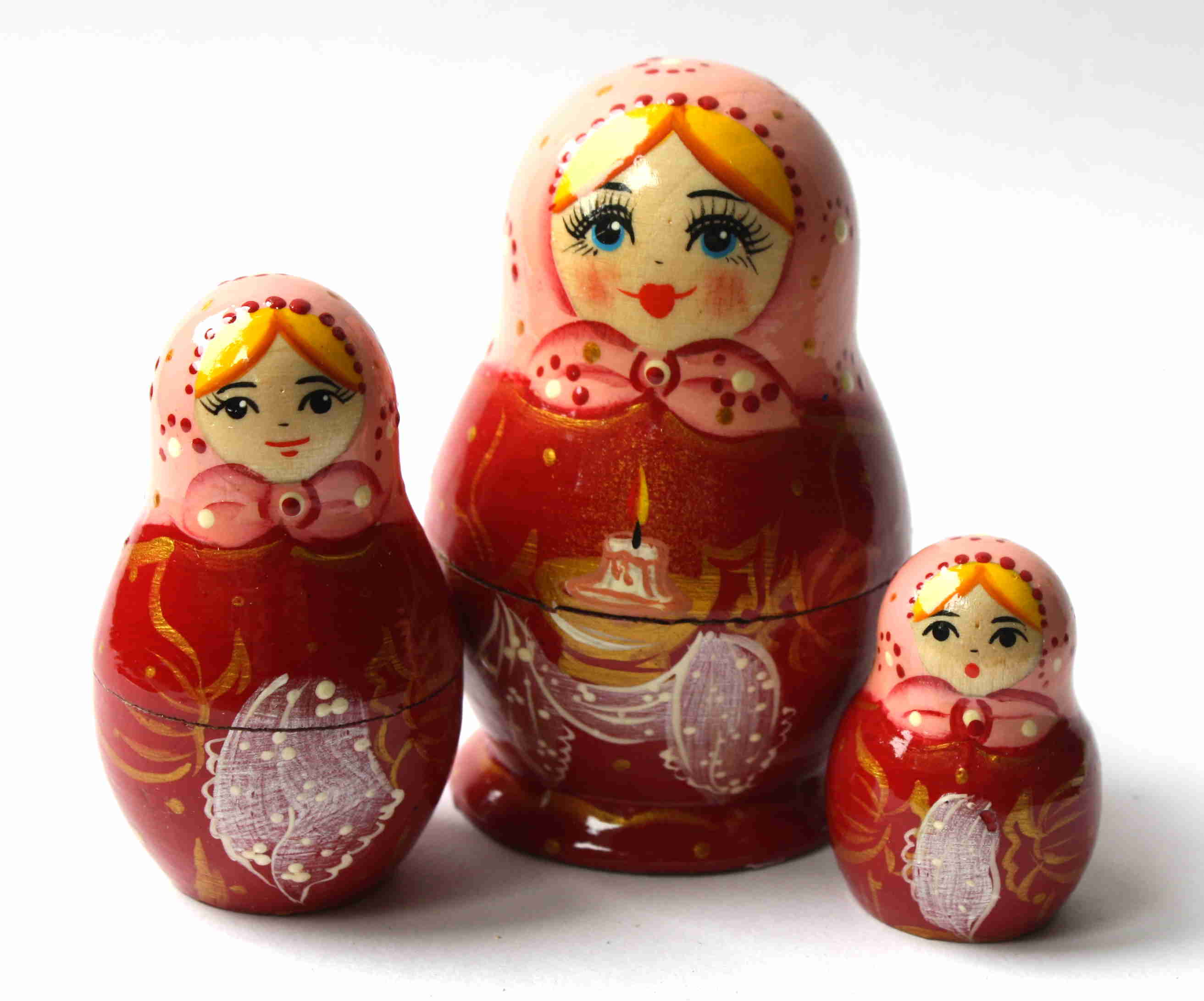 Artists Matryoshka Crimson woman with pink shawl & candle (3 nested set)