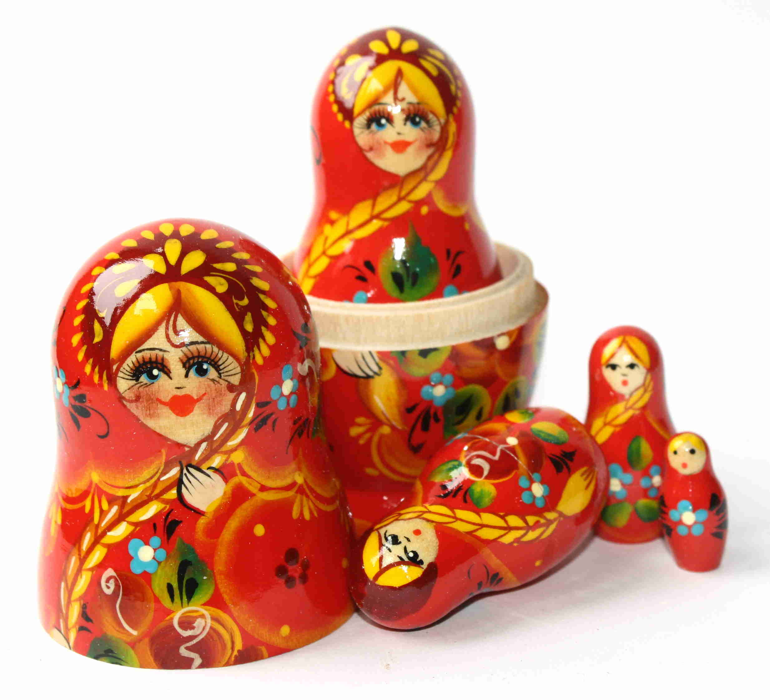 Artists Matryoshka Red girl with flowers and plait (5 nested set)