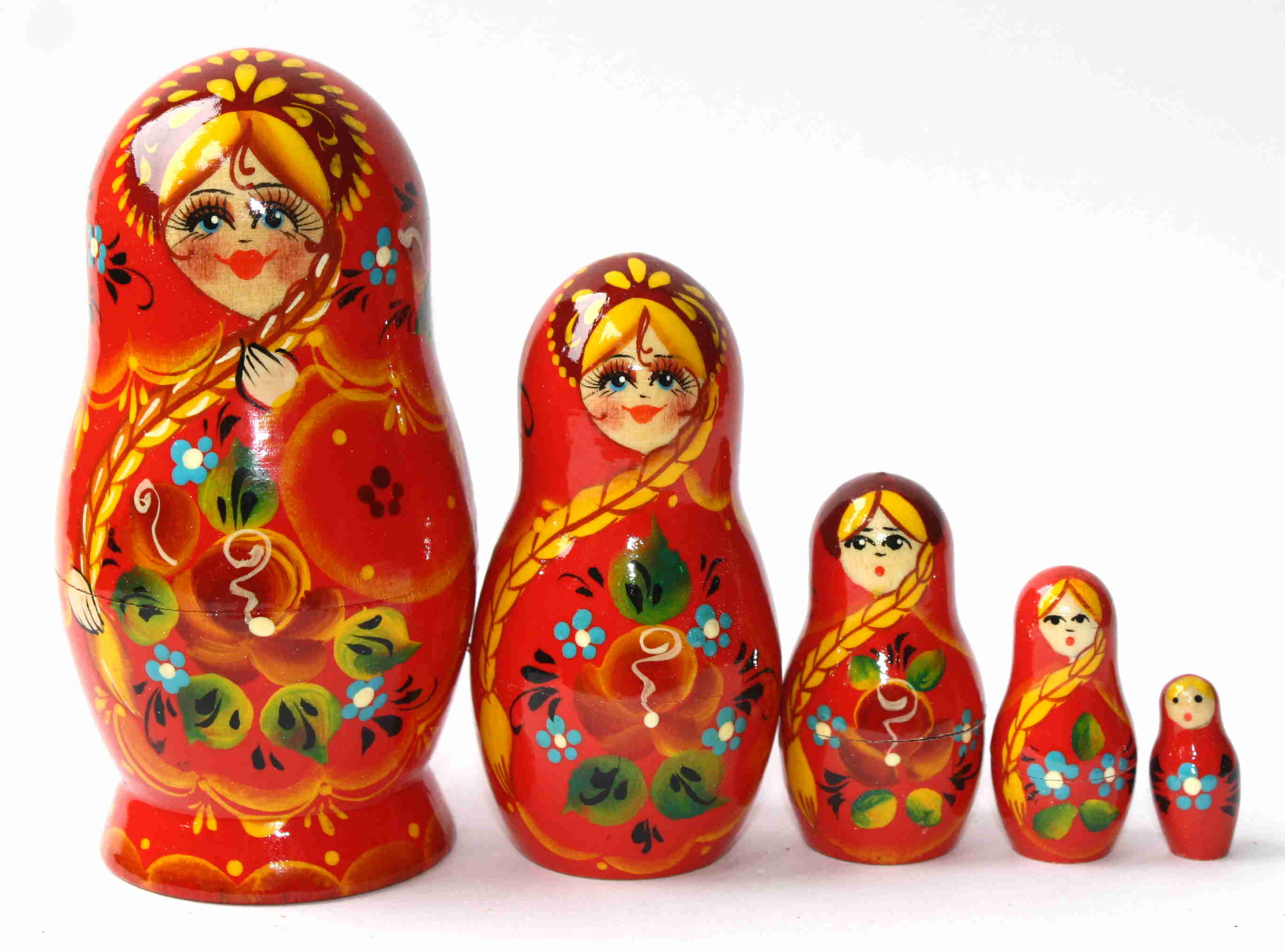 Artists Matryoshka Red girl with flowers and plait (5 nested set)