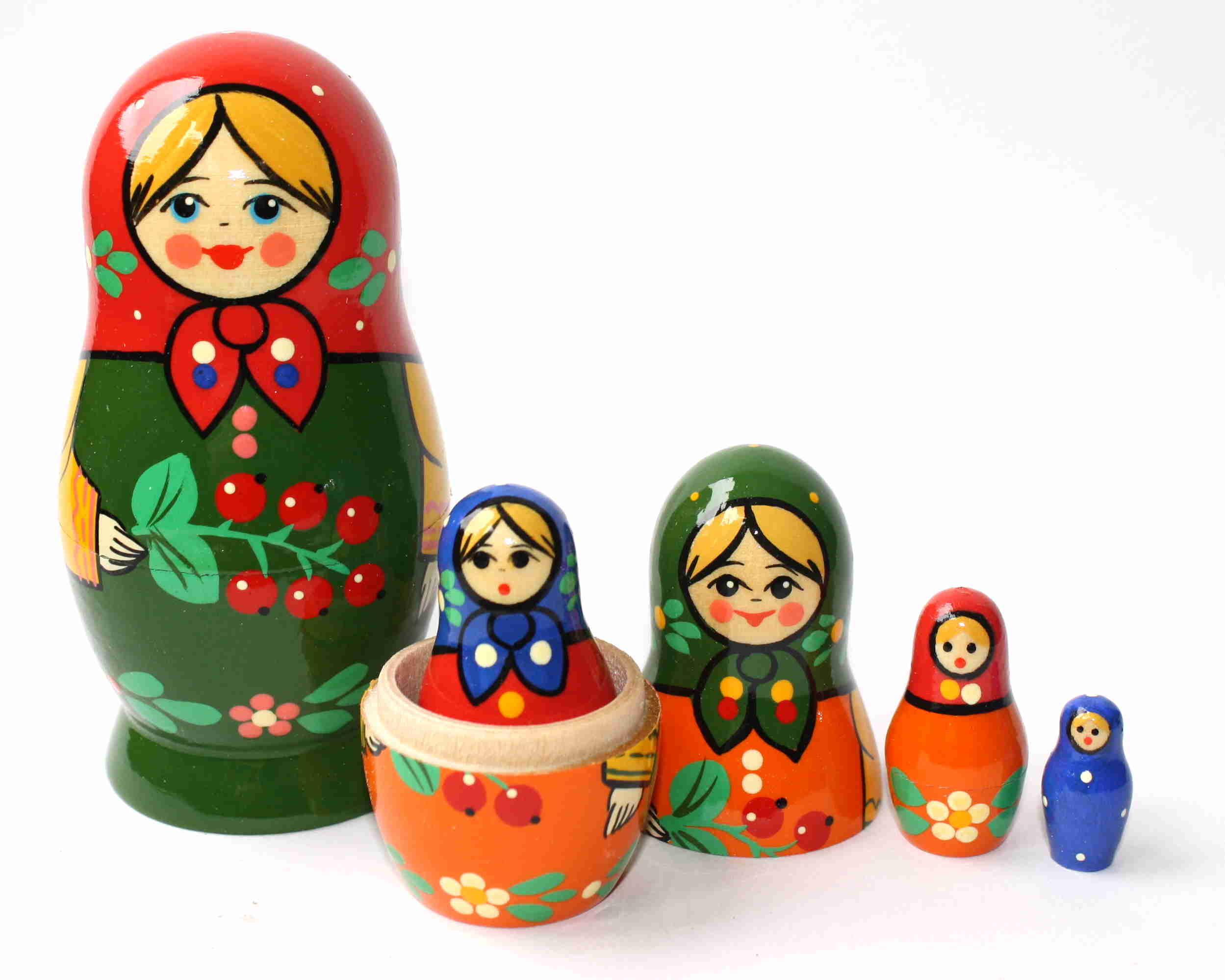 Artists Matryoshka green woman with red shawl (5 nested set)