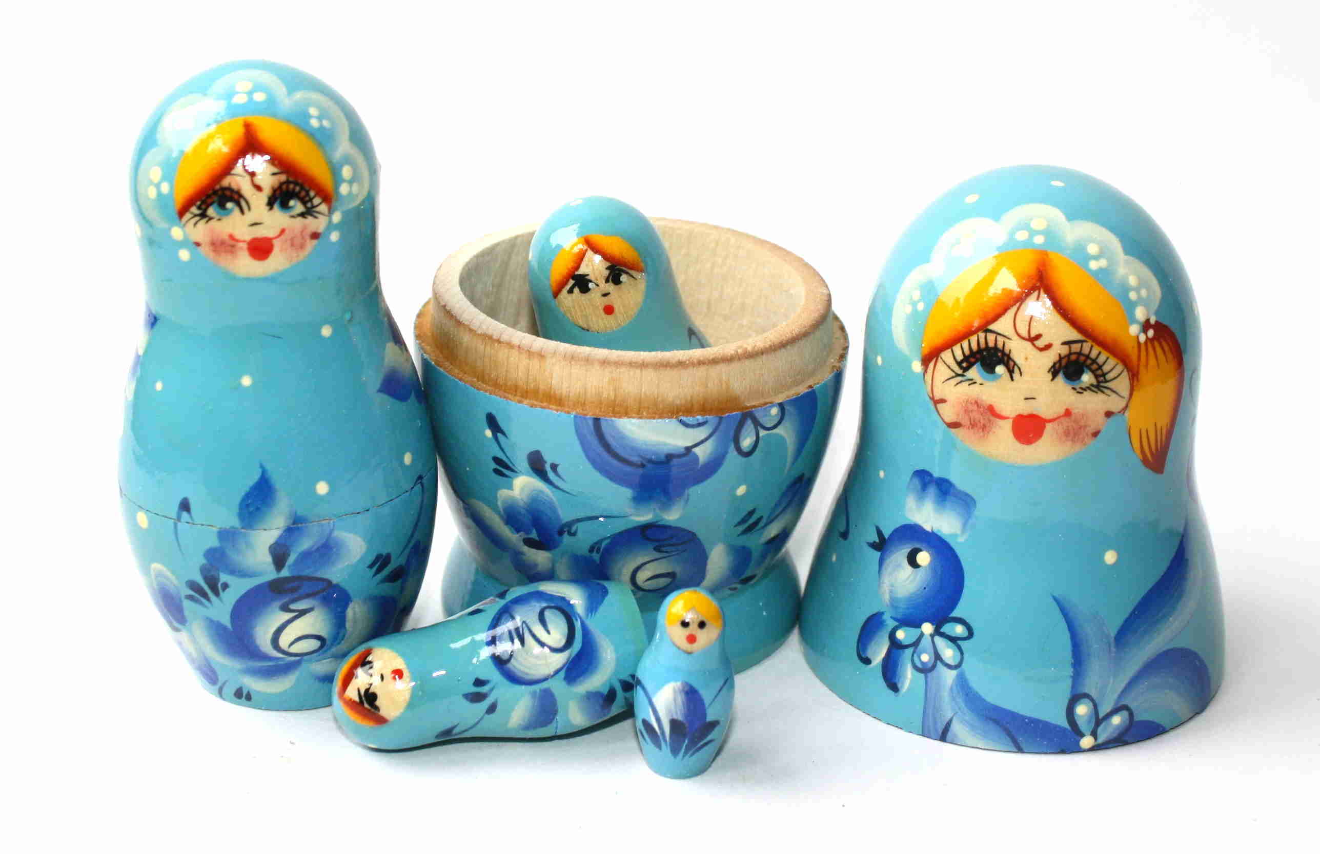 Artists Matryoshka Light Blue girl with Blue rooster (5 nested set)
