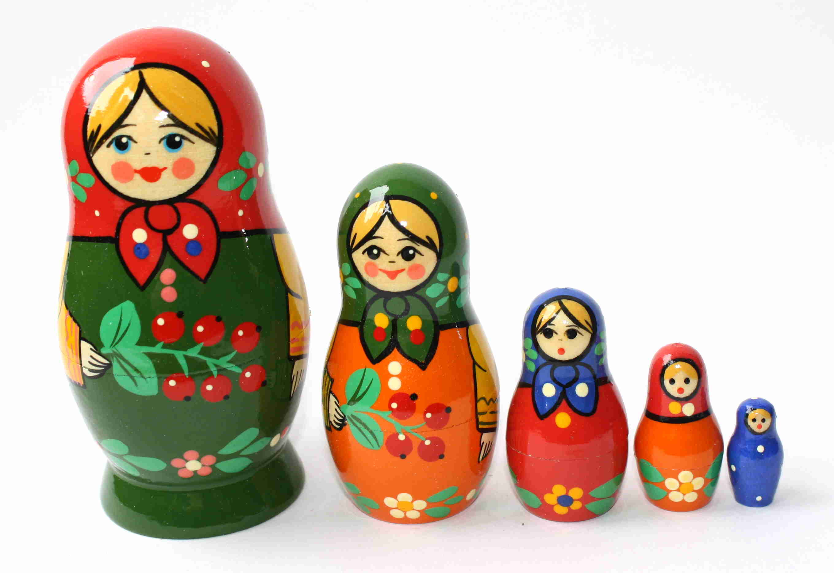 Artists Matryoshka green woman with red shawl (5 nested set)